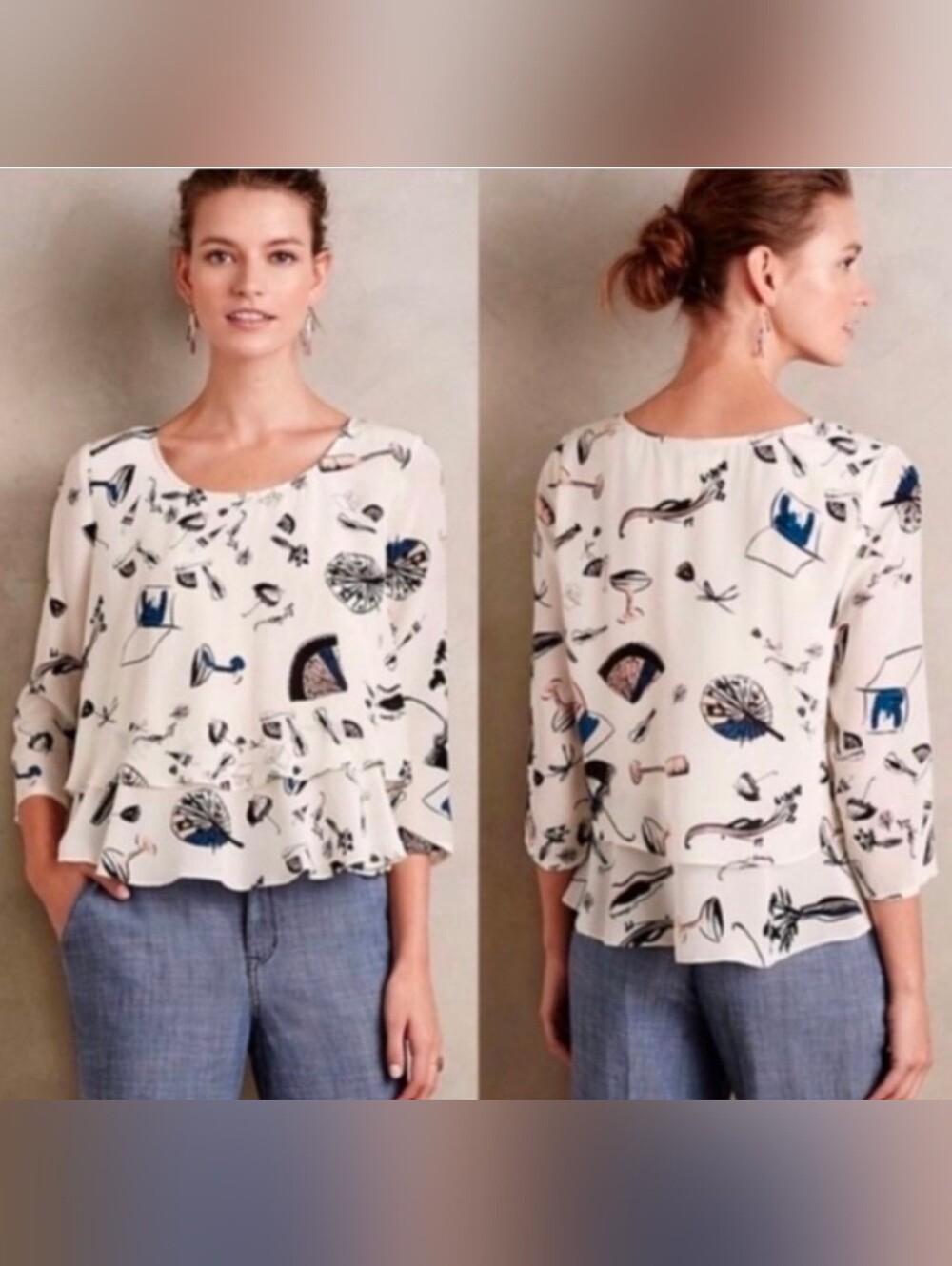 Maeve by Anthropologie Whimsical Cocktail Print Tiered Blouse